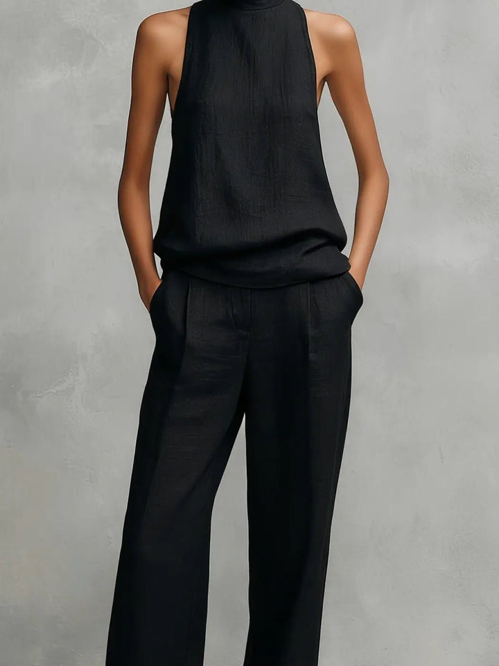 Clara | Ensemble Top Sans Manches Col Montant et Pantalon en Coton-Lin pour Femmes