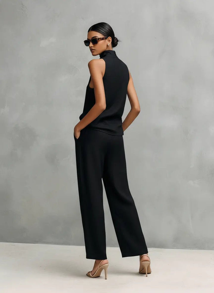 Clara | Ensemble Top Sans Manches Col Montant et Pantalon en Coton-Lin pour Femmes