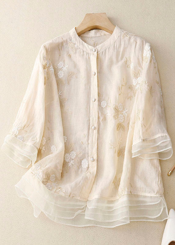 Blouse en Tissu Brodée pour Femmes avec Col Rond et Boutonnage Complet et Ourlet Transparent en Volants