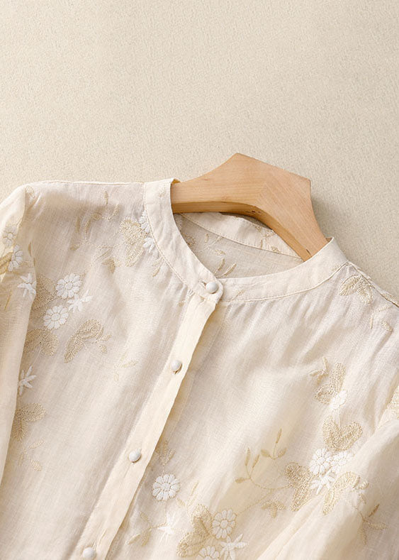 Blouse en Tissu Brodée pour Femmes avec Col Rond et Boutonnage Complet et Ourlet Transparent en Volants