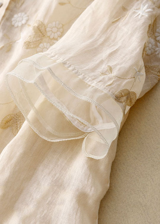 Blouse en Tissu Brodée pour Femmes avec Col Rond et Boutonnage Complet et Ourlet Transparent en Volants