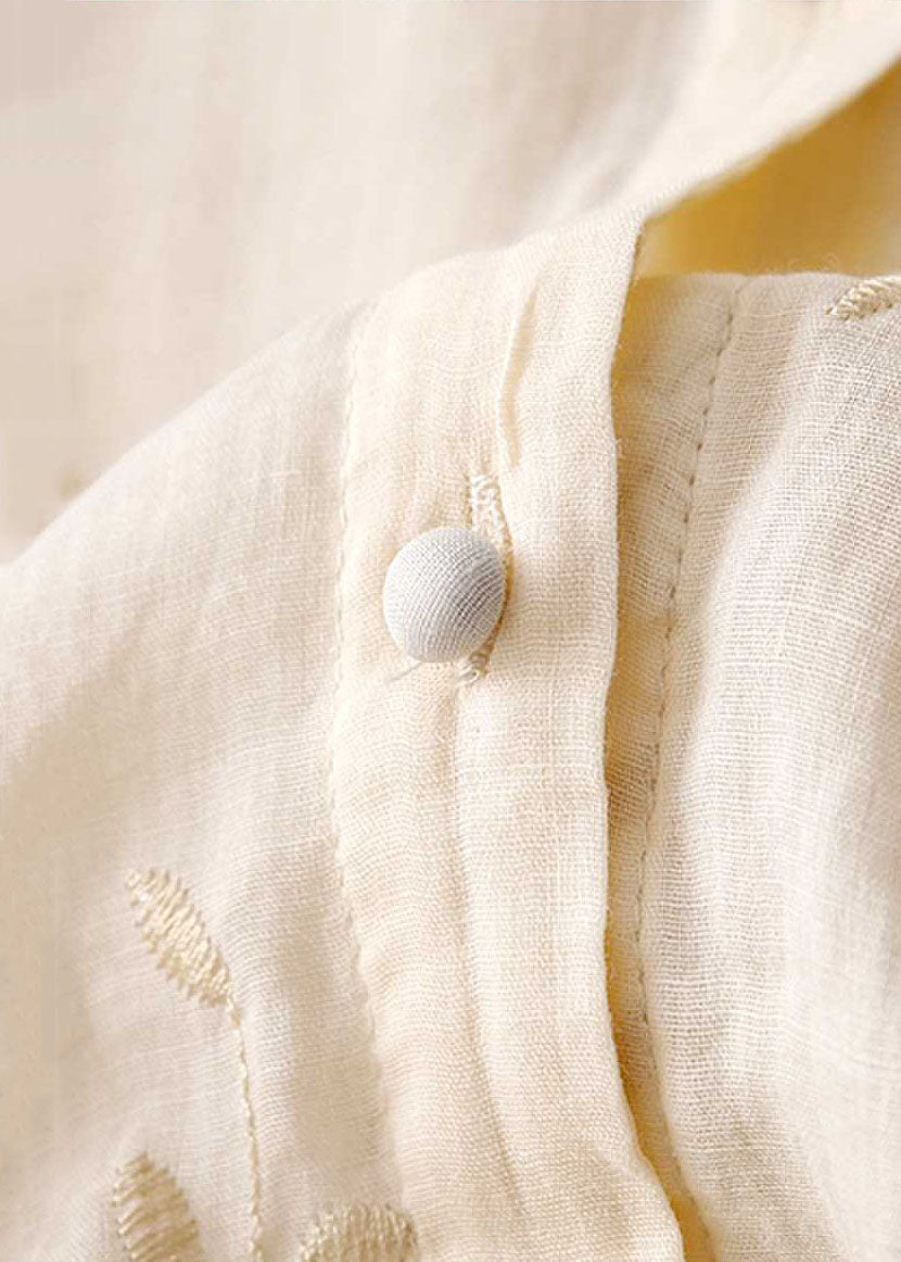 Blouse en Tissu Brodée pour Femmes avec Col Rond et Boutonnage Complet et Ourlet Transparent en Volants