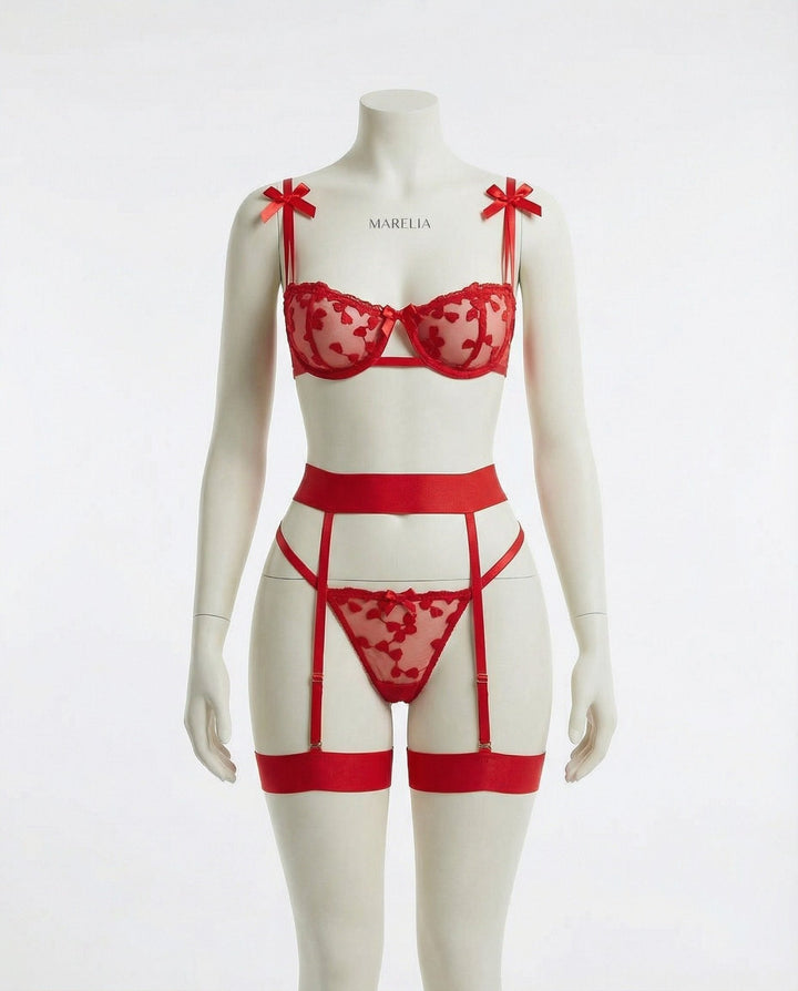 Emilia | Ensemble de lingerie en mesh brodé pour femmes avec porte-jarretelles