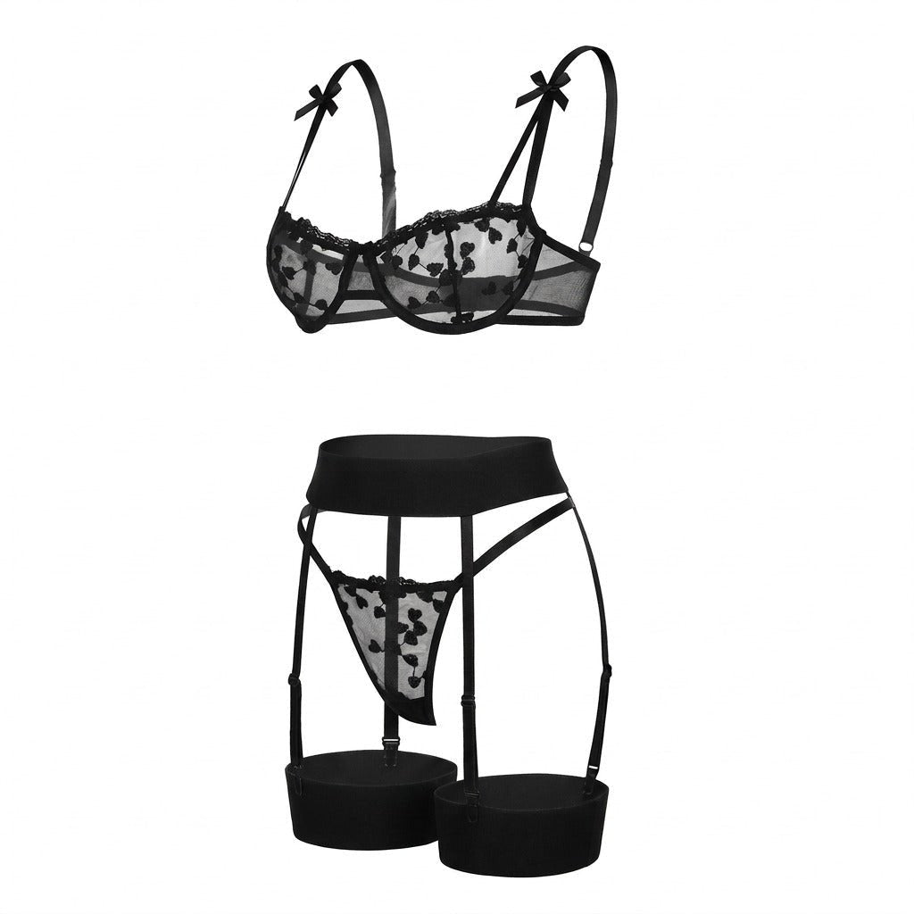 Emilia | Ensemble de lingerie en mesh brodé pour femmes avec porte-jarretelles