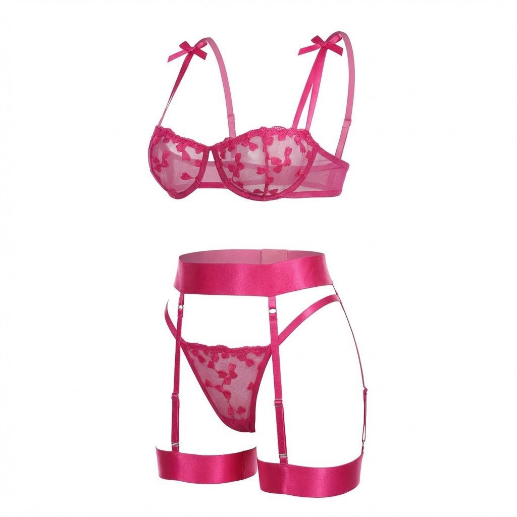 Emilia | Ensemble de lingerie en mesh brodé pour femmes avec porte-jarretelles