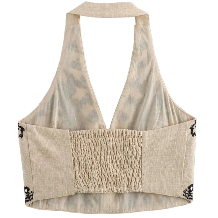 Ensemble d'été brodé pour femmes avec top à col halter et décolleté en V et mini-jupe