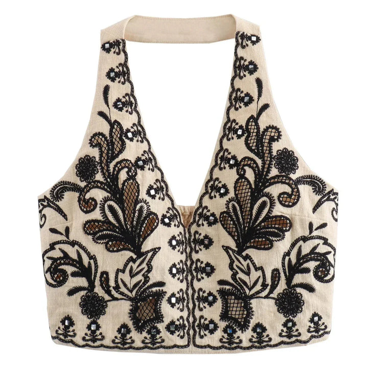 Ensemble d'été brodé pour femmes avec top à col halter et décolleté en V et mini-jupe