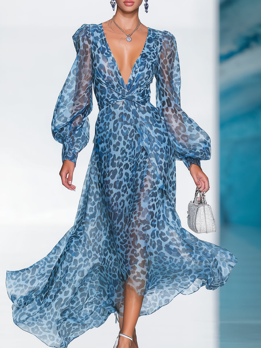 Robe Maxi Femme Bleue à Motif Léopard et Décolleté V Profond avec Manches Bouffantes