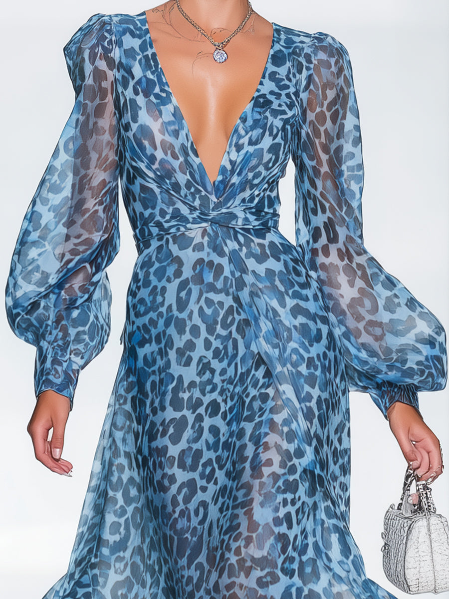 Robe Maxi Femme Bleue à Motif Léopard et Décolleté V Profond avec Manches Bouffantes