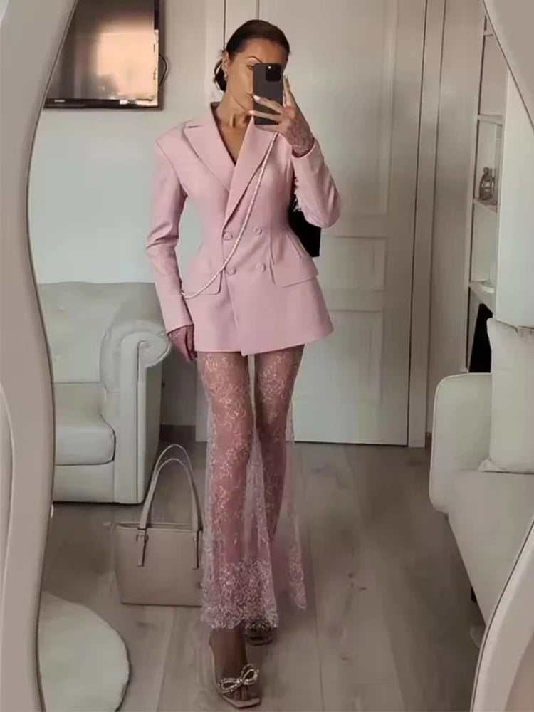 Ensemble Blazer et Jupe en Dentelle pour Femmes avec Col Cranté et Boutonnage Double