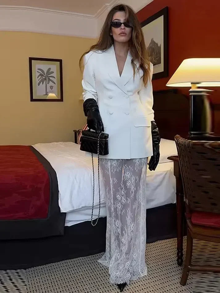 Ensemble Blazer Jupe Femme avec Col Revers et Boutonnage Double avec Jupe en Dentelle