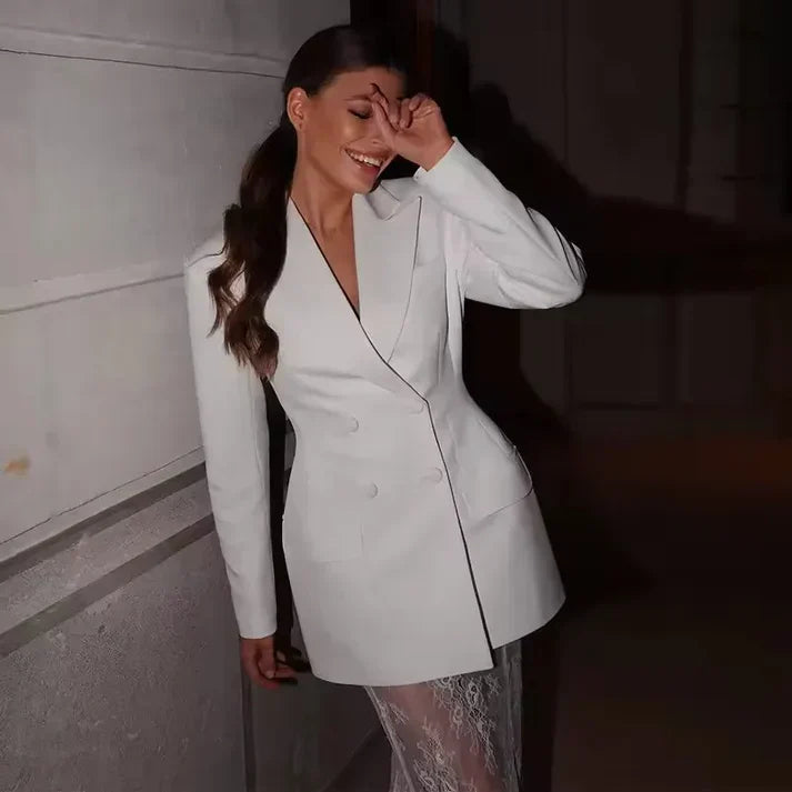 Ensemble Blazer Jupe Femme avec Col Revers et Boutonnage Double avec Jupe en Dentelle