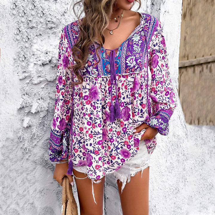 Elfriede | Tunique Fleurs Femme Décolleté en V avec Franges Style Boho