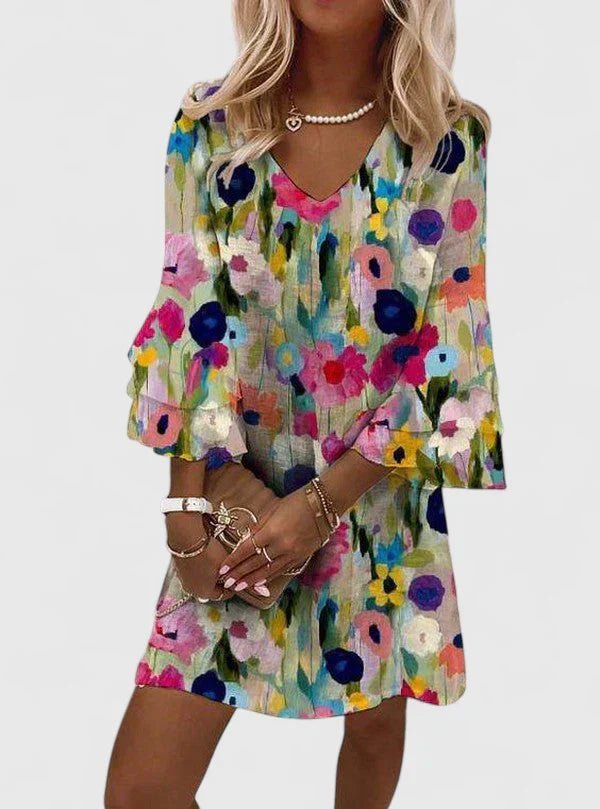 Katharina | Robe Mini à Imprimé Floral pour Femmes avec Décolleté en V et Manches Volantes
