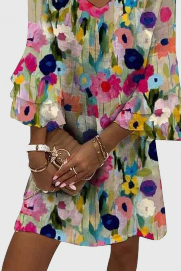 Katharina | Robe Mini à Imprimé Floral pour Femmes avec Décolleté en V et Manches Volantes