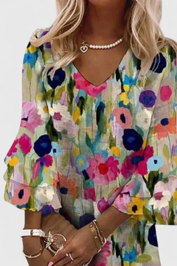 Katharina | Robe Mini à Imprimé Floral pour Femmes avec Décolleté en V et Manches Volantes