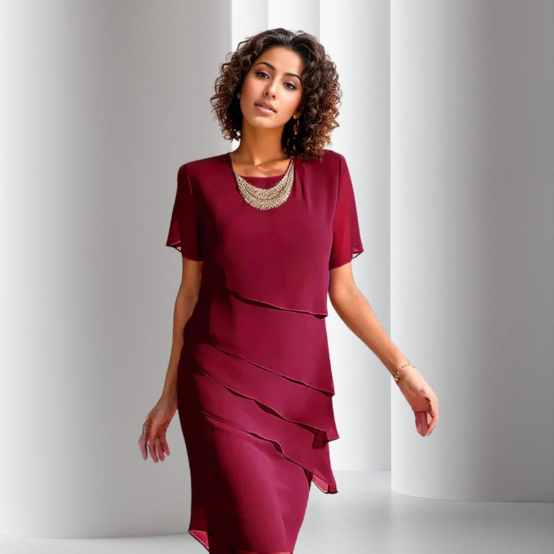 Emilia | Robe de cocktail femme en chiffon superposé à manches courtes