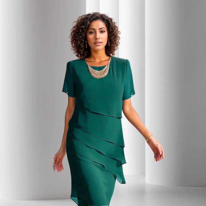 Emilia | Robe de cocktail femme en chiffon superposé à manches courtes