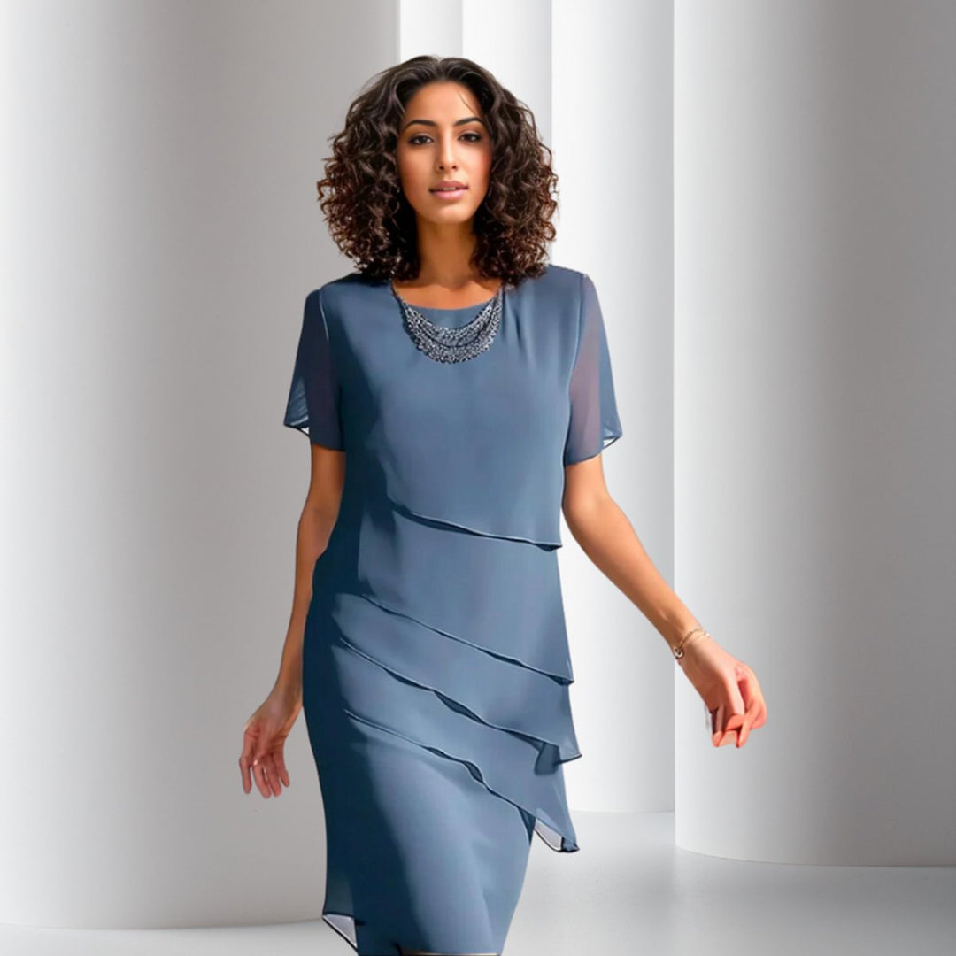 Emilia | Robe de cocktail femme en chiffon superposé à manches courtes