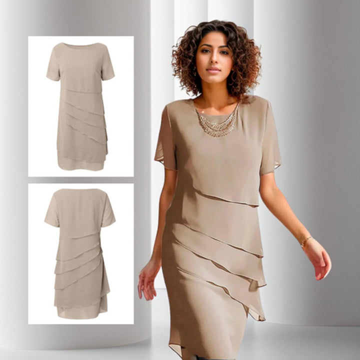 Emilia | Robe de cocktail femme en chiffon superposé à manches courtes