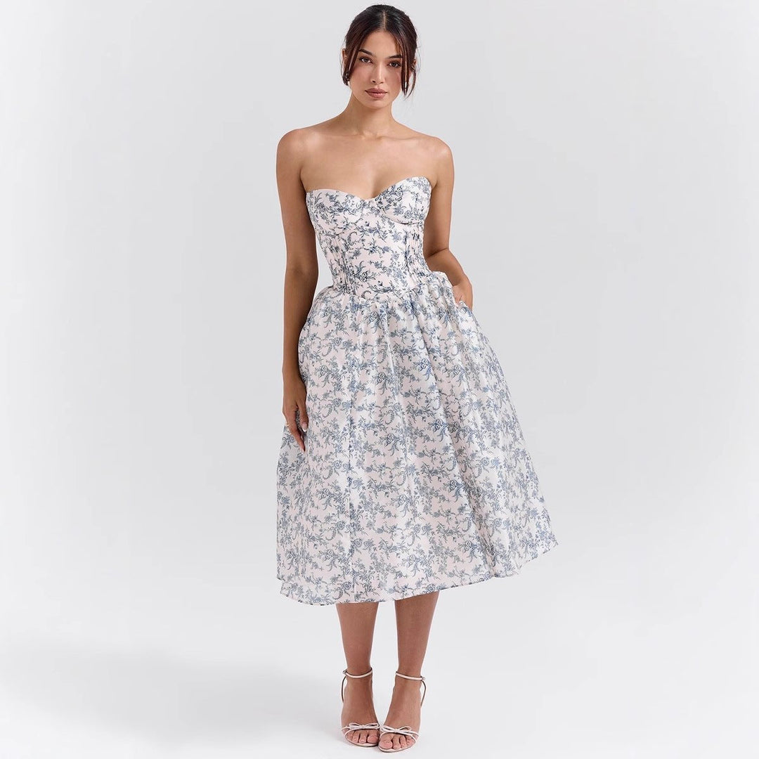 Marlene | Robe de cocktail pour femmes sans bretelles avec corset et jupe en satin évasée
