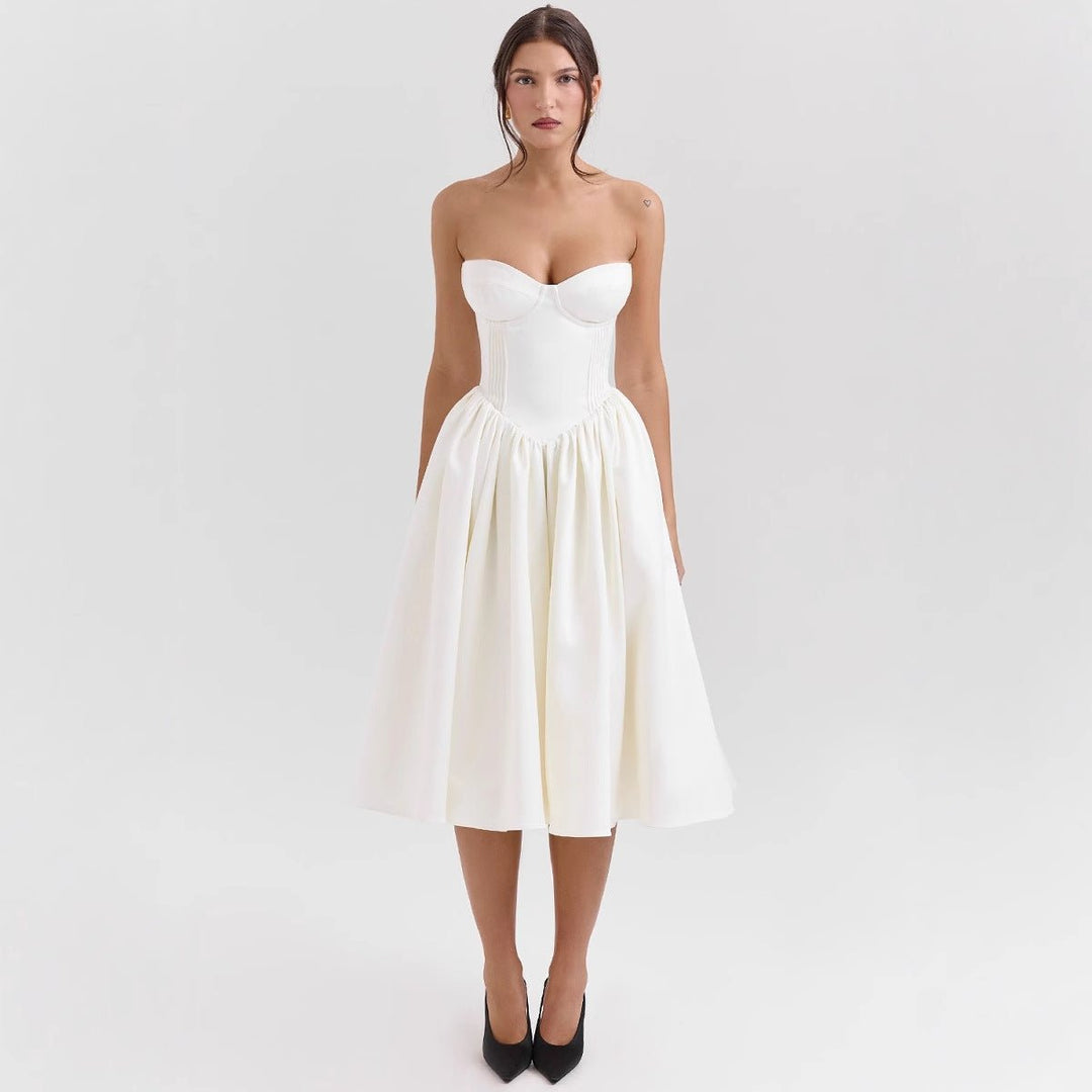 Marlene | Robe de cocktail pour femmes sans bretelles avec corset et jupe en satin évasée