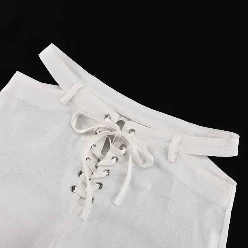 Ensemble de chemisier court pour femmes avec col rabattu, fermeture à boutons et pantalon à lacets