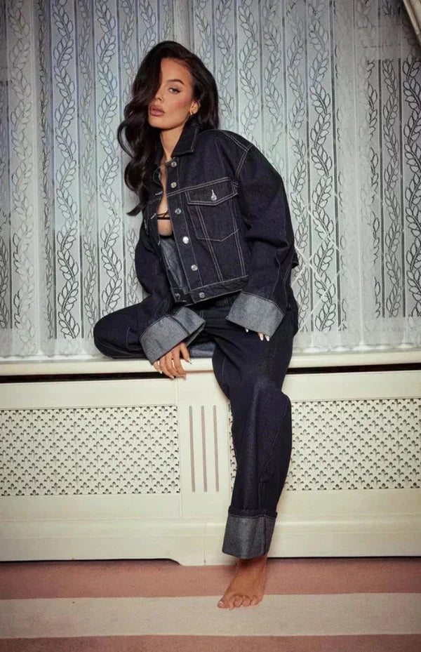 Ensemble en denim pour femmes avec col chemise et jambes larges