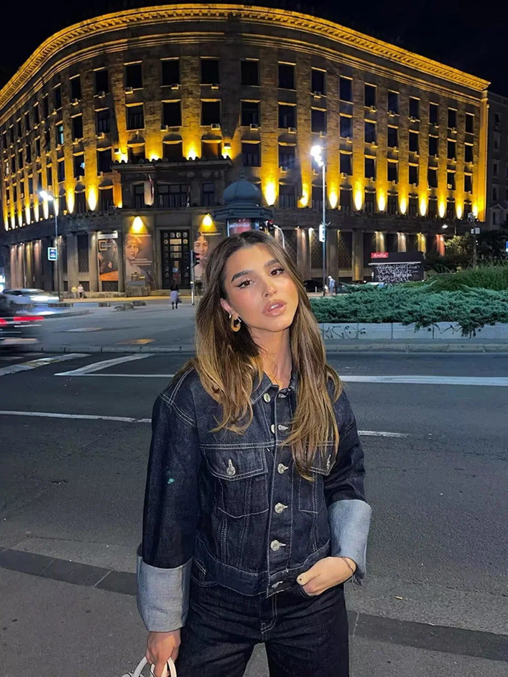 Ensemble en denim pour femmes avec col chemise et jambes larges