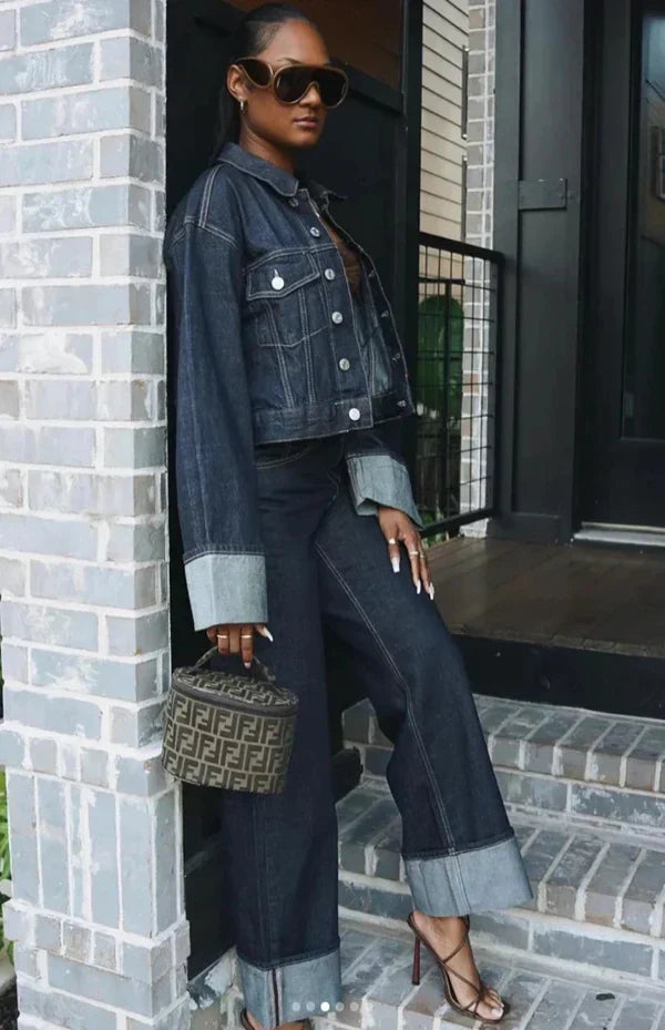 Ensemble en denim pour femmes avec col chemise et jambes larges