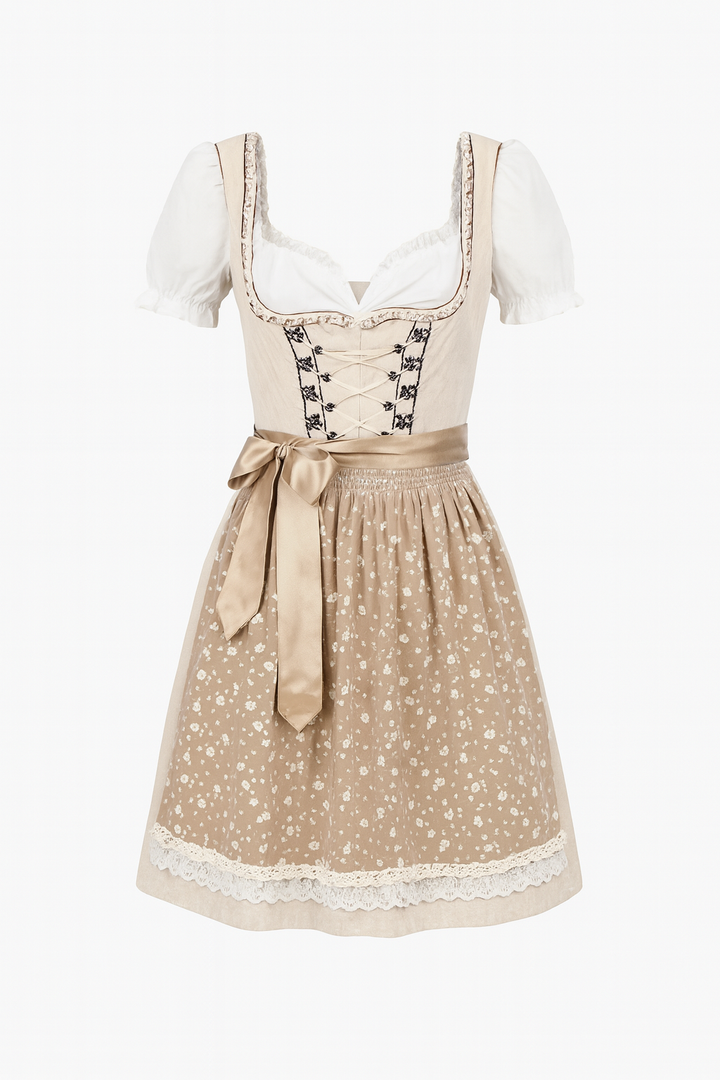 Robe Dirndl pour femmes avec manches bouffantes, corsage lacé, motif floral et nœud en satin