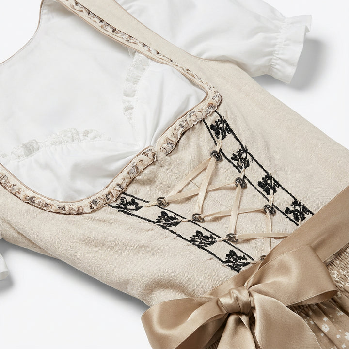 Robe Dirndl pour femmes avec manches bouffantes, corsage lacé, motif floral et nœud en satin