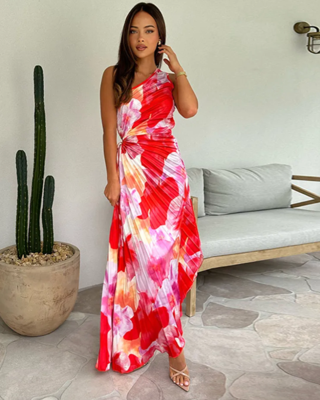Robe maxi à épaule unique pour femmes avec plissé et ourlet asymétrique