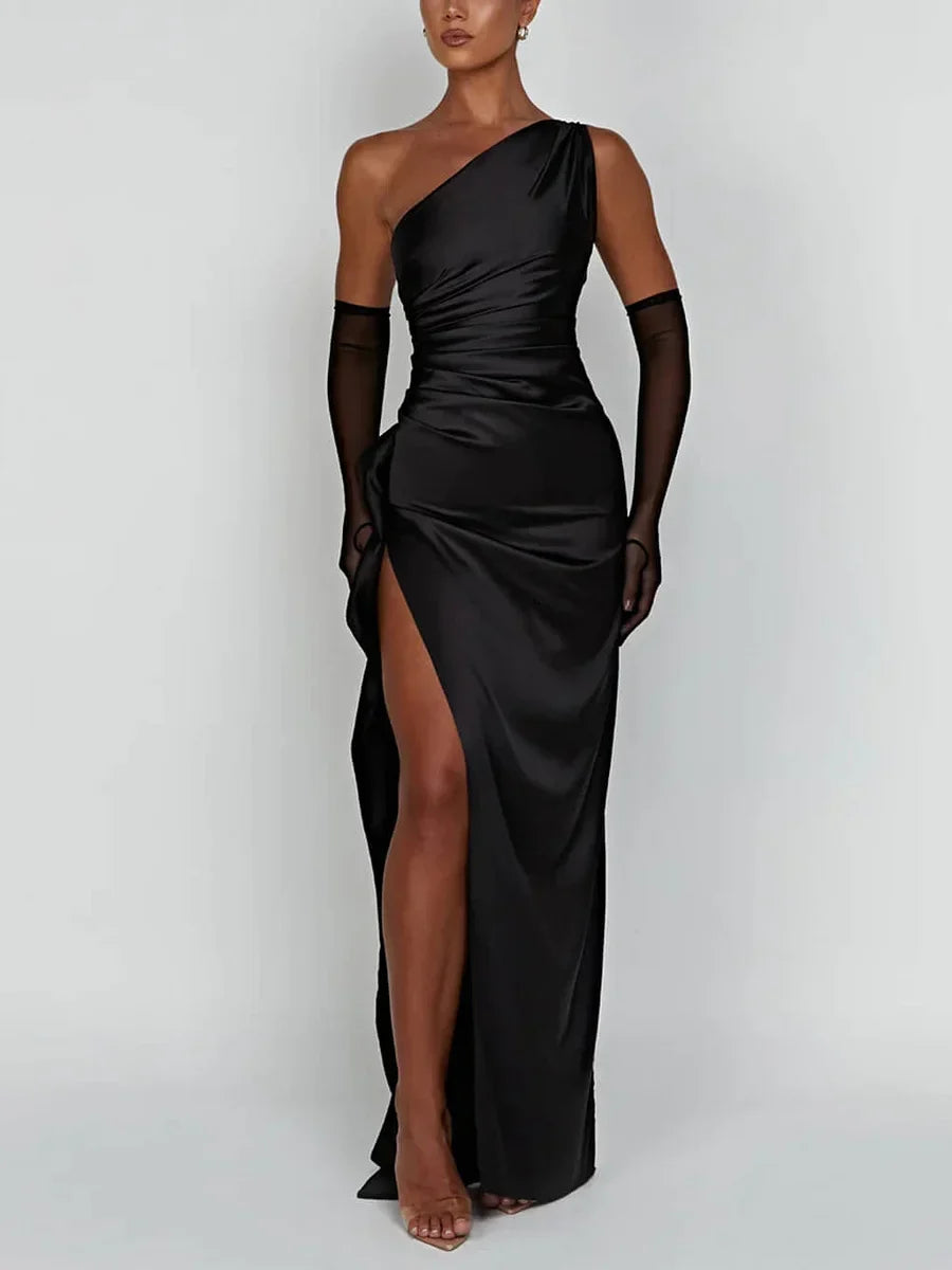 Robe maxi à épaule unique pour femmes avec fente latérale et fronces à la taille