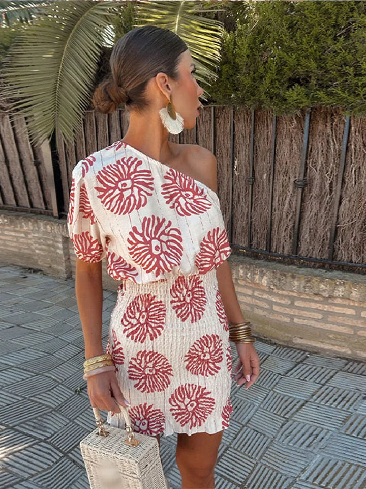 Robe Mini à Épaule Démontée pour Femmes avec Manches Bouffantes Taille Froncée et Motif Rouge