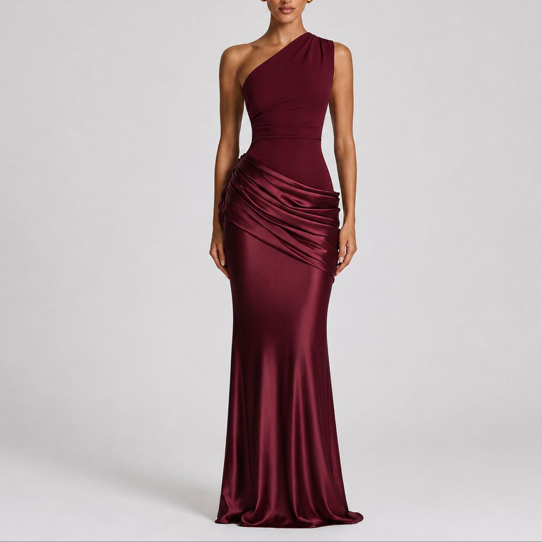 Hannah | Robe maxi en satin élégante à épaule unique pour les invitées de mariage en automne