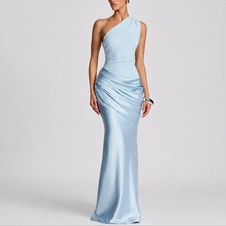 Hannah | Robe maxi en satin élégante à épaule unique pour les invitées de mariage en automne