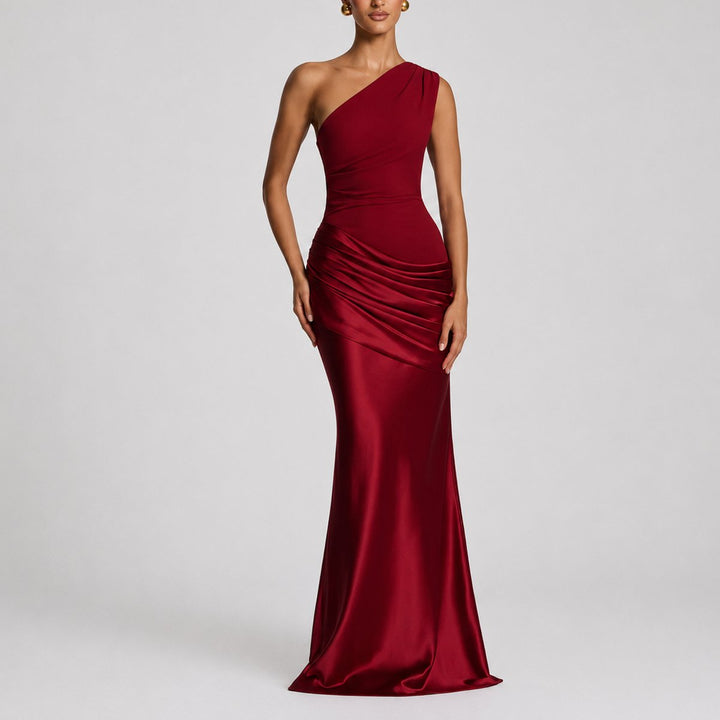 Hannah | Robe maxi en satin élégante à épaule unique pour les invitées de mariage en automne