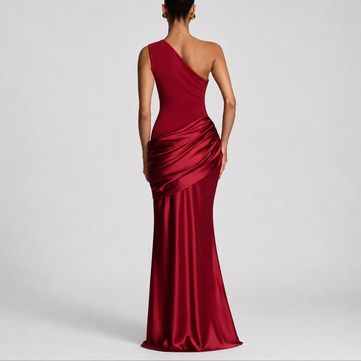 Hannah | Robe maxi en satin élégante à épaule unique pour les invitées de mariage en automne