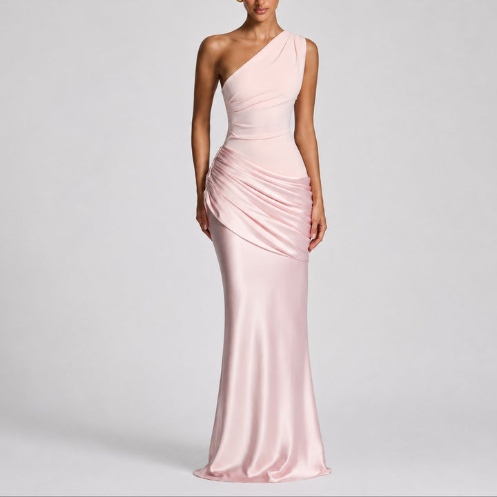Hannah | Robe maxi en satin élégante à épaule unique pour les invitées de mariage en automne