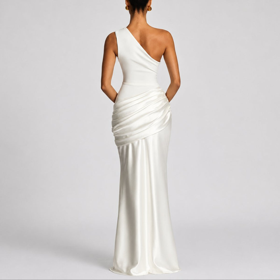 Hannah | Robe maxi en satin élégante à épaule unique pour les invitées de mariage en automne