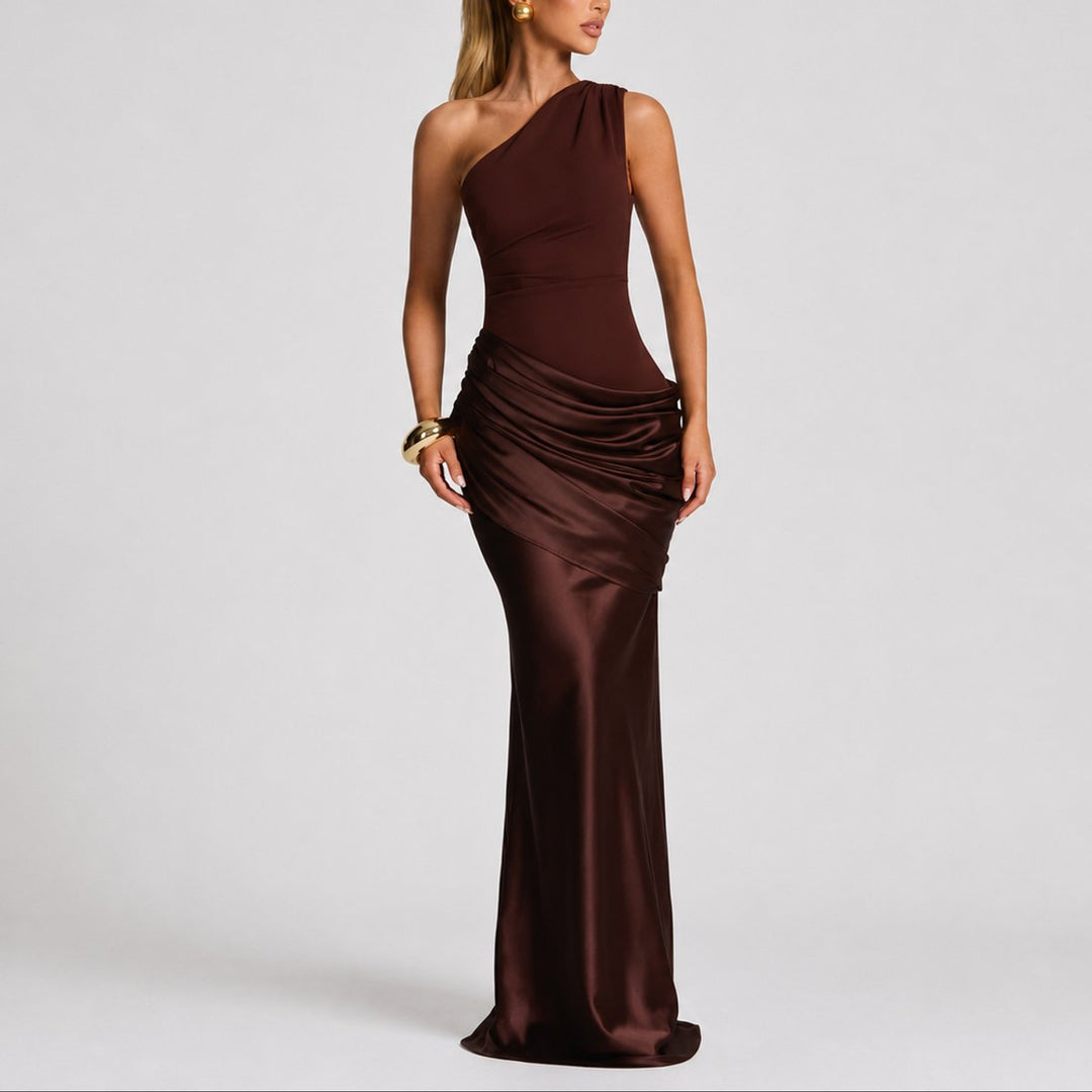 Hannah | Robe maxi en satin élégante à épaule unique pour les invitées de mariage en automne