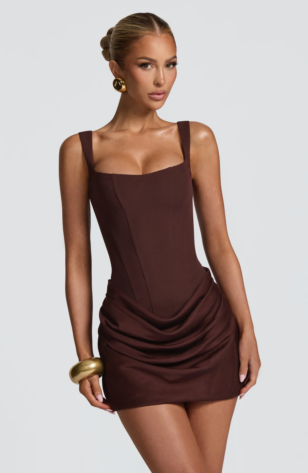Robe Mini Femme Froncée avec Décolleté Carré et Bretelles Larges