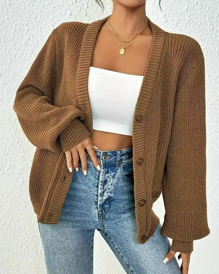 Gilet en tricot côtelé pour femmes avec décolleté en V, fermeture à boutons et manches ballon