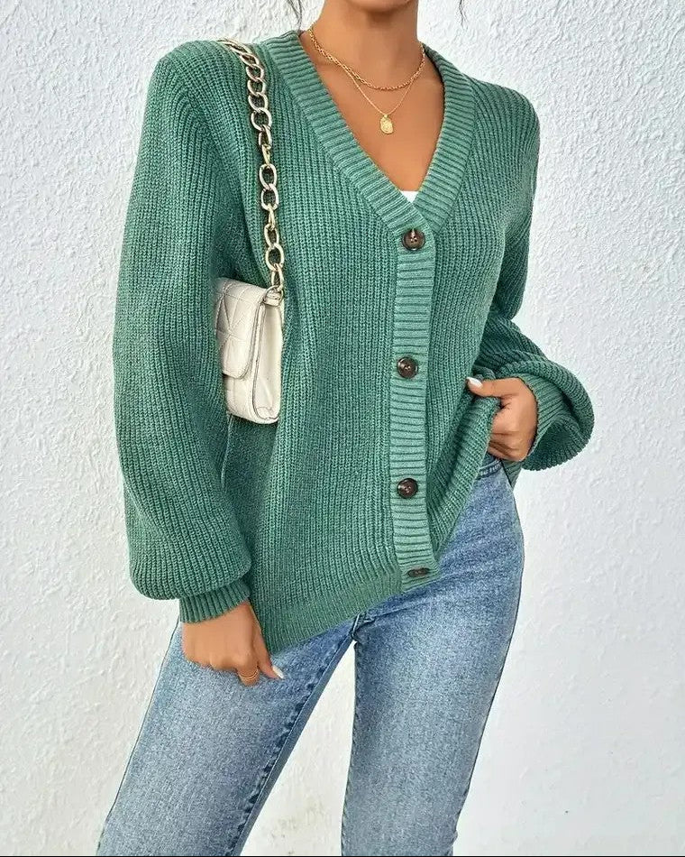 Gilet en tricot côtelé pour femmes avec décolleté en V, fermeture à boutons et manches ballon