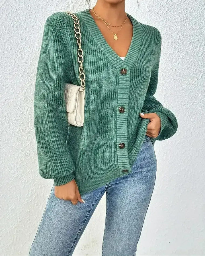 Gilet en tricot côtelé pour femmes avec décolleté en V, fermeture à boutons et manches ballon