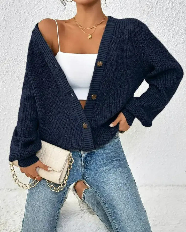 Gilet en tricot côtelé pour femmes avec décolleté en V, fermeture à boutons et manches ballon