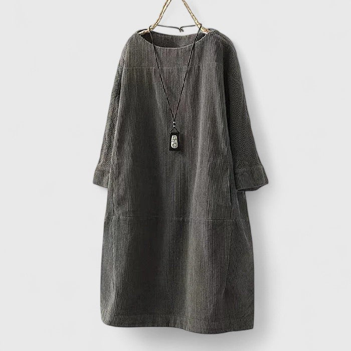 Robe midi à col rond côtelée pour femmes avec manches trois-quarts et poches avant
