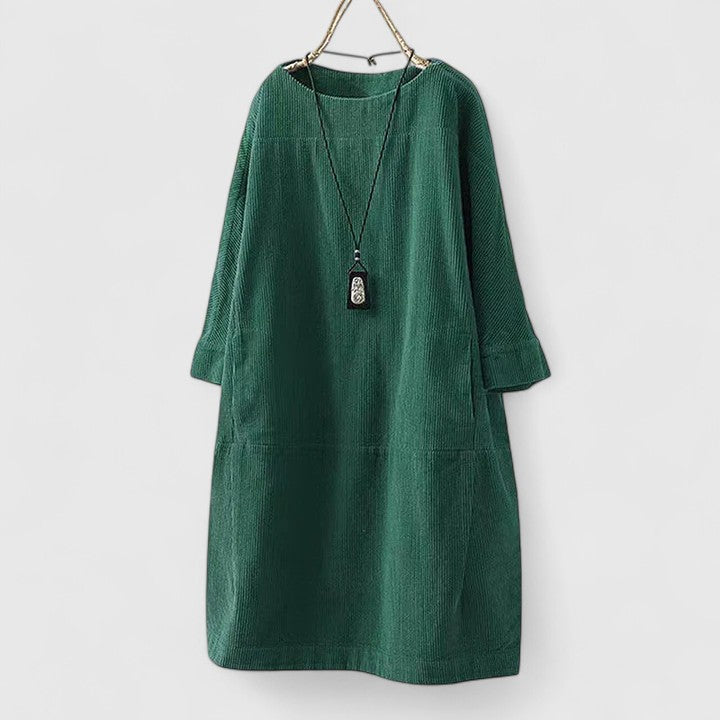 Robe midi à col rond côtelée pour femmes avec manches trois-quarts et poches avant