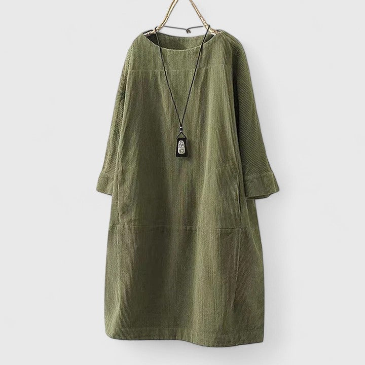 Robe midi à col rond côtelée pour femmes avec manches trois-quarts et poches avant